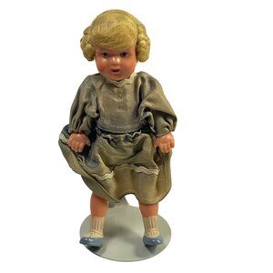 Vintage Blonde Composition Doll In Original Outfit With Blue Shoes & Stand